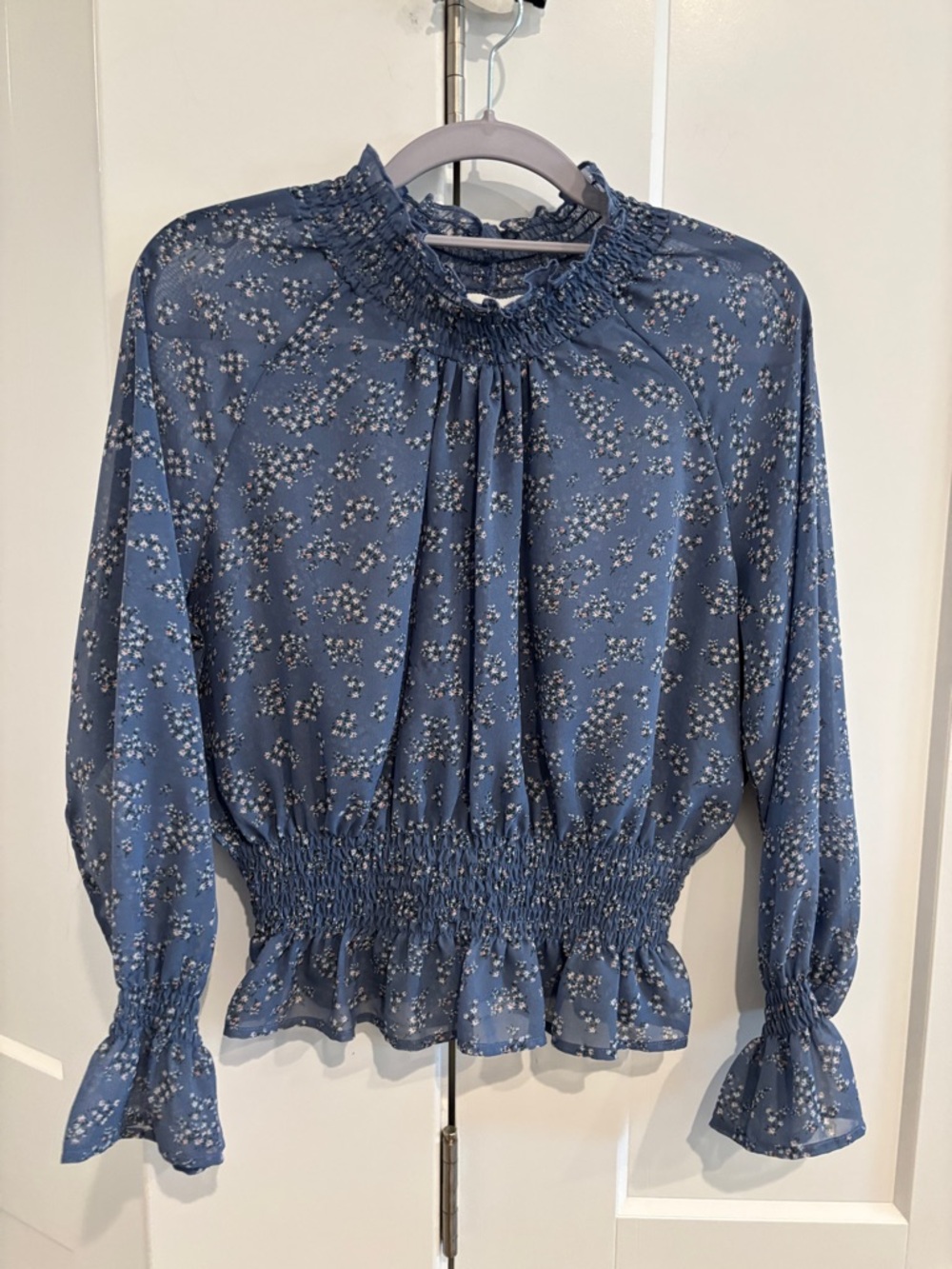 Love Tree Blue Floral Smocked Neck & Waist Blouse. Size S